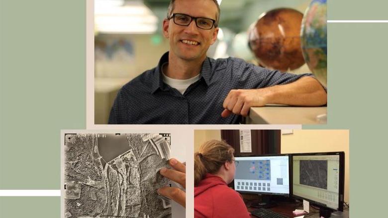 Collage of 3 photos: Nathan Piekielek, an archival aerial photograph, and a student assistant working on a computer.